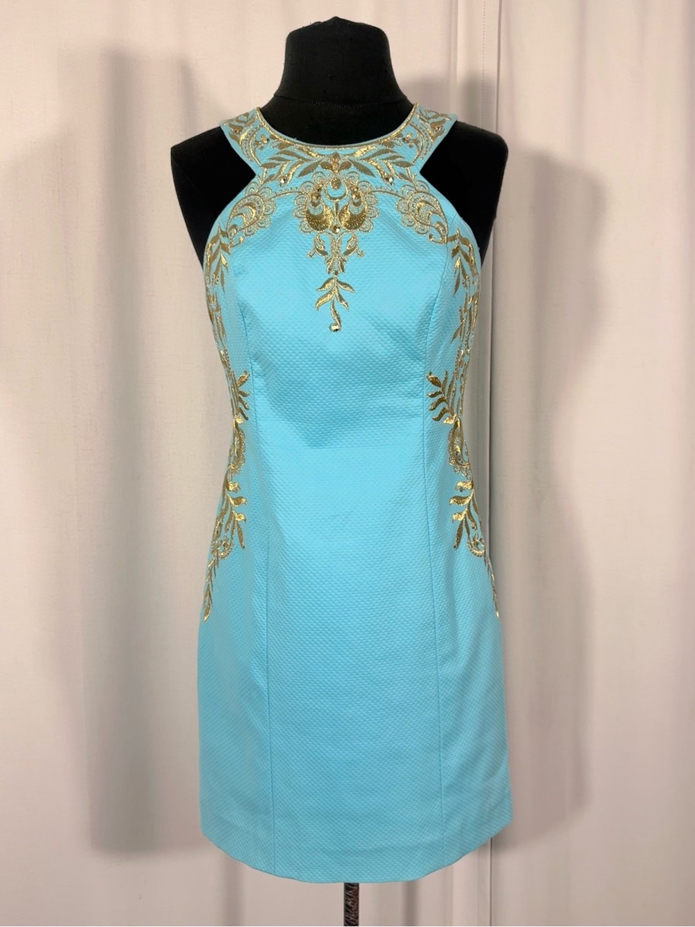 Lilly Pulitzer Janice Aqua Gold Embroidered - Picture 3 of 11